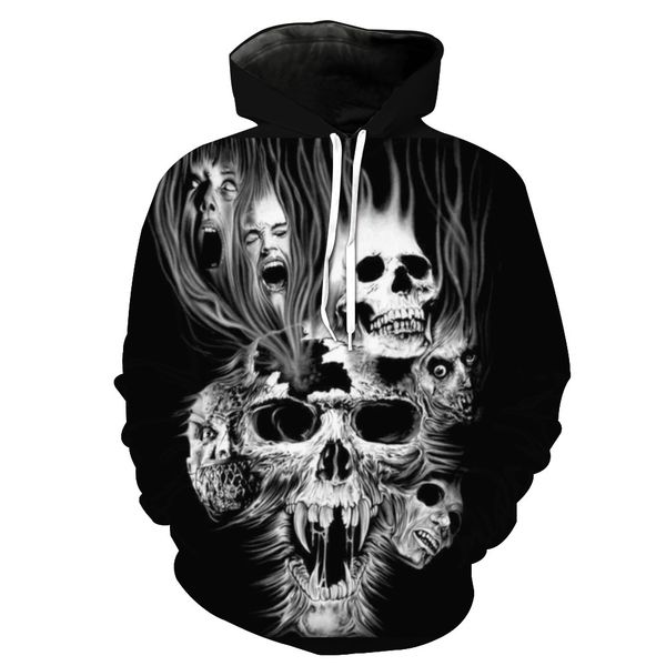 

foreign trade horror skeleton printing with cap pocket cover men's clothing with hat men's clothing blouse hoodies, Black