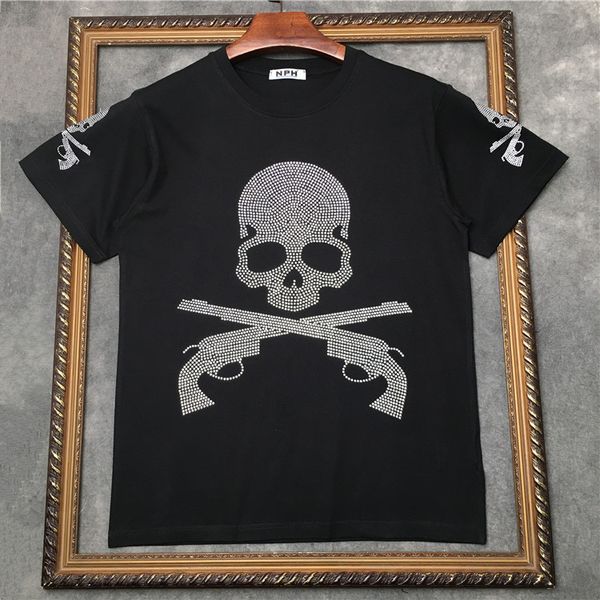 

2020 летний тренд новый горячий алмаз флэш-дрель двойной пистолет череп футболка мужская свободная хлопчатобумажная футболка с коротким рука, White;black