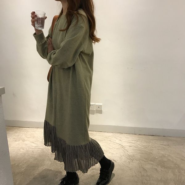 

women autumn thin woolen straight long dress ladies green ruffle hem fake two piece dresses round collar long sleeve pullovers, Black;gray