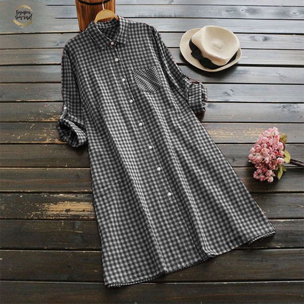 

2019 summer zanzea cotton linen dress women vintage check plaid mini dresses casual loose shirt beach plus size s 5xl, Black;gray
