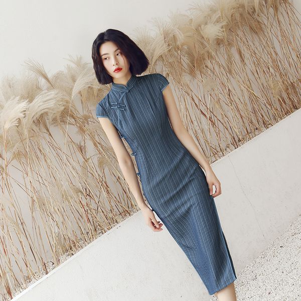 

chinese vintage mandarin collar qipao elegant mid length cheongsam summer lady short sleeve cotton linen vestidos size xxl, Red