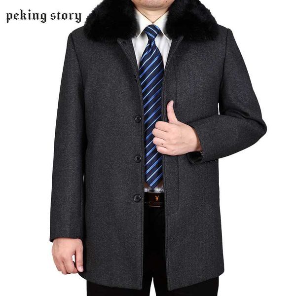 

peking story men winter casual style wool jacket men warm woolen jackets male single breasted turn-down collar wool & blends, Black