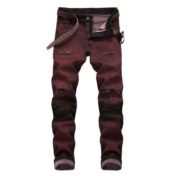 

mens holes red straight jeans slim stretch fashion designer mens long pants male clothing