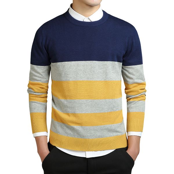 

men's sweaters 2021 cotton pullover round neck slim sweater casual thin section striped knitted, White;black