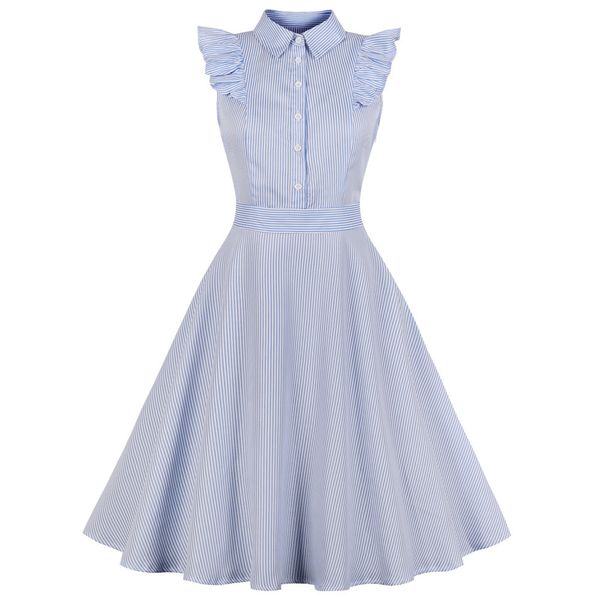 Kenancy 1960er Jahre Audrey Hepburn Swing Rockabilly Vintage Kleid Plus Size Blue Stripe Print Rüschen Retro Kleid Party Vestidos 4xl Y19051102