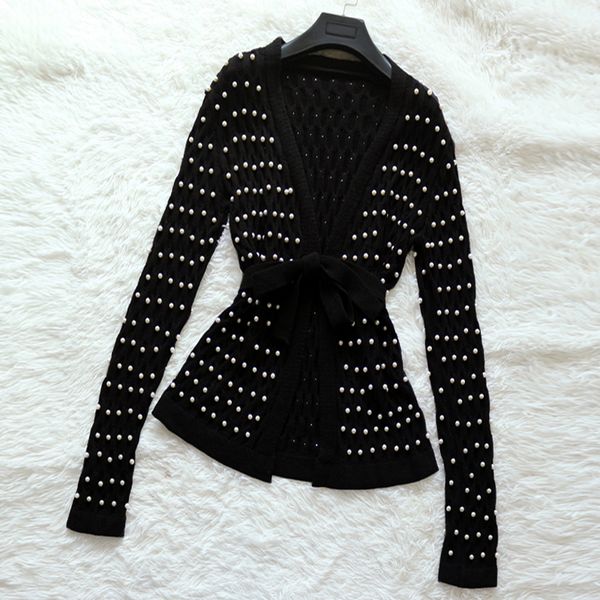 

женщины кардиганы с бисером черный осень-весна пояс бесплатно с длинным рукавом высокое качество белый ручной работы жемчужина груза падения, White;black