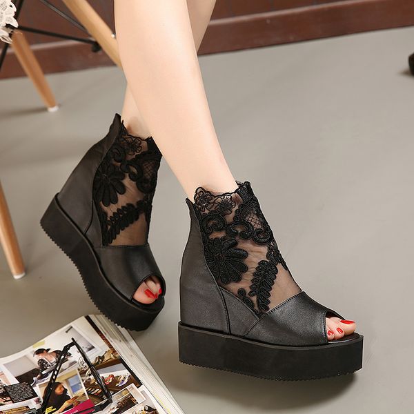 

buld silk lace white silver wedge sandals high platform heels invisible height increased peep toe women shoes 2 colors size 35 to 39 cs03, Black