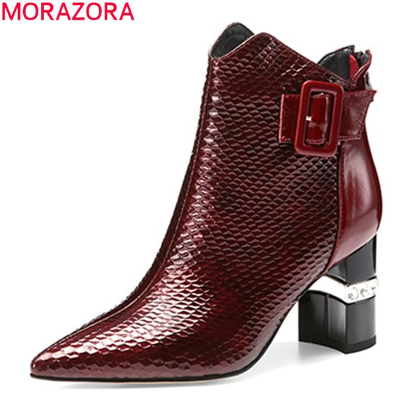 

morazora 2020 new arrive women boots genuine leather ladies shoes thick high heels pointed toe buckle ankle boots, Black