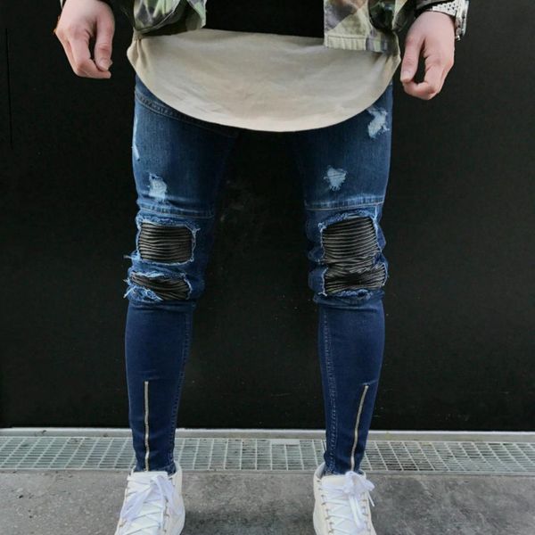 

slim-fit pleated jeans men's locomotive jeans stitching leather hole men's trousers fashion stretch feet, Blue