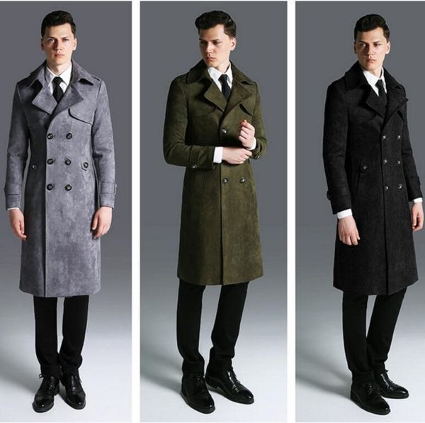 

europe fashion army green gray black overcoat deer suede trench coat men 2019 new super long windbreaker spring autumn clothing, Tan;black