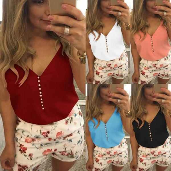 

Women's Strappy V Neck Button Solid Vest Tank Tops Summer Holiday Causal Blouses