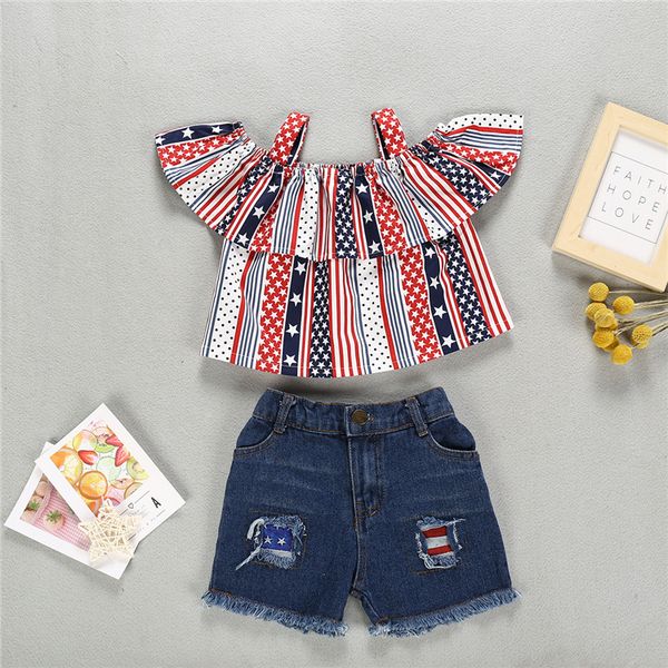 

summer girl clothes set sling independent sunstar stripe printed t-shirt+denim shorts two piece set kids designer clothes girls ajy602, White