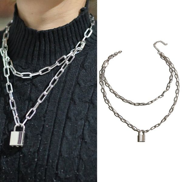 

fashion padlock key cross double layer lock chain necklace punk link chain pendant necklace women gothic jewelry, Golden;silver
