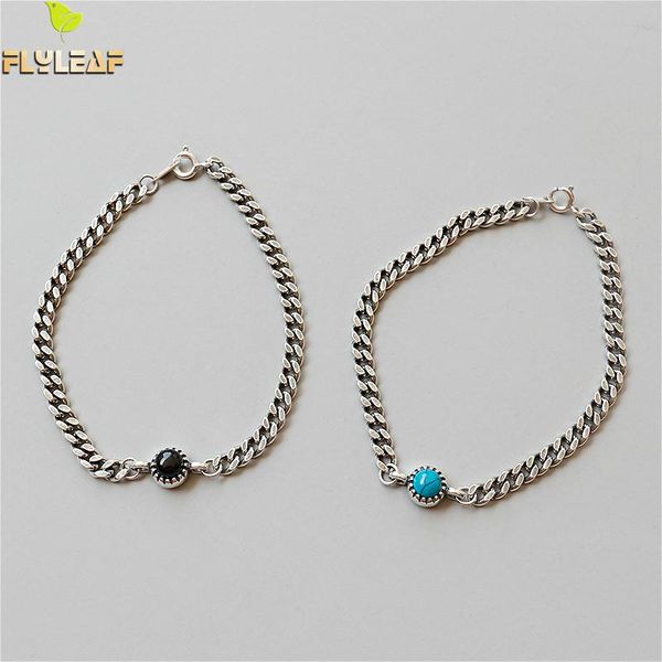 

flyleaf 925 sterling silver bracelets for women round black agate turquoise simple fashion fine jewelry bracelets & bangles, Golden;silver