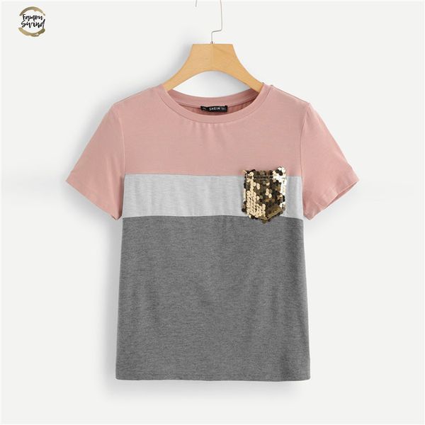

multicolor color block cut and sew sequin pocket t shirt women short sleeve casual tee summer workwear t shirts, White