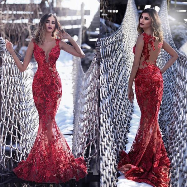 

2019 mermaid red floral appliques evening dresses backless see-through prom dresses vestido formal party gowns, Black;red