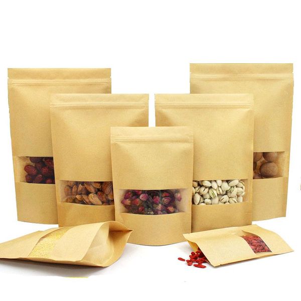 

food moisture barrier bags with clear window brown kraft paper doypack pouch zip packaging sealing pouch