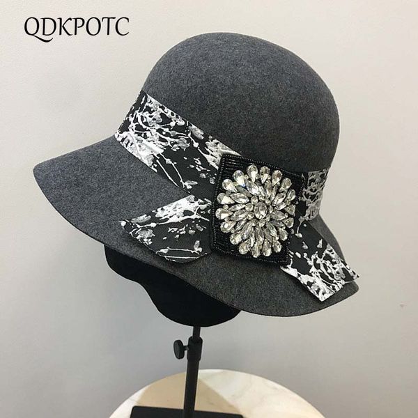 

qdkp[otc autumn winter fashion fedoras wave brim bucket rhinestone cap national style wool felt women hats elegant fedora hat, Blue;gray