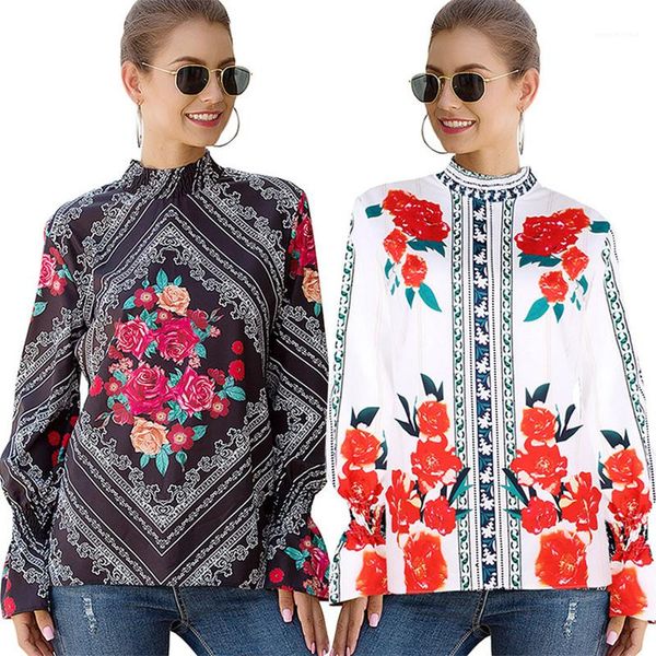 

sleeve pullover casual tshirts womens clothing summer womens designer floral printed shirts stand collar rose lantern, White