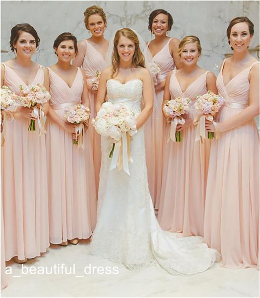 Новый V-образным вырезом румяна розовые длинные платья подружки невесты дешевые платья пола свадьба свадебное платье Ruched A-Line Chiffon BrideMaids Dresse