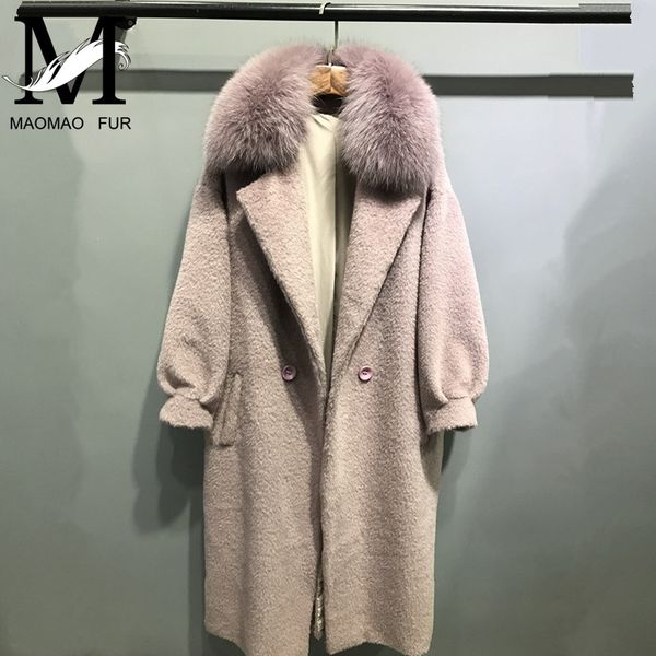 

2017 alpaca coat warm wool coat new long jackets women's winter cashmere with large genuine fur collar, Black