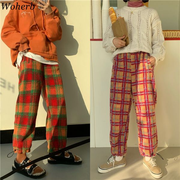 

woherb lamb wool high waist wide leg plaid pants women drawstring fashion loose trousers female korean style pantalones 91387, Black;white