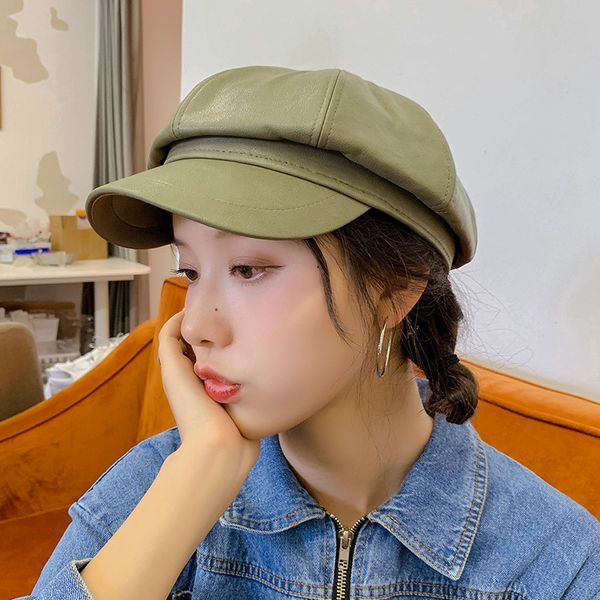 

winter octagonal cap girls beret hats for women green color newsboy hats female british style pu leather berets hat keep warm, Blue;gray