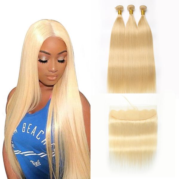 

613 blonde связки с фронтальным straight человеческих волос 613 blonde связки с closure мягкая бразильские волосы плетение связки с фронталь, Black;brown