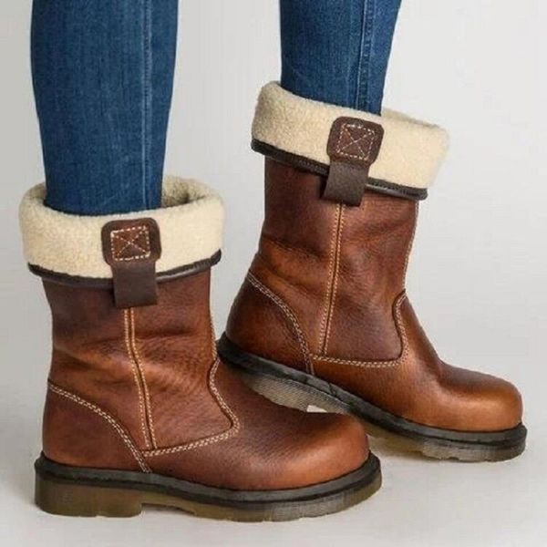 

botines mujer winter women boots mid calf pu leather keep warm platform shoes ladies vintage riding boots chaussures femme, Black