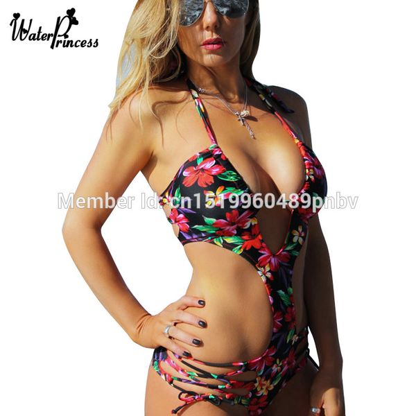 

floral one piece swimsuit women bathing suit bandage halter thong swimwear padded high cut out monokini trikini beachwear, White;black