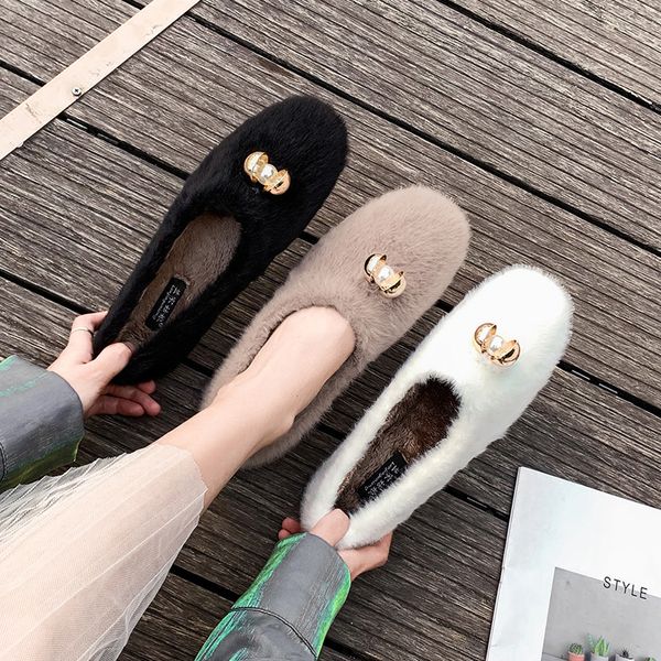 

upscale solid mink hair flats winter warm comfort slip on lazy loafers pearl metal decoration soft soled espadrilles women shoes, Black