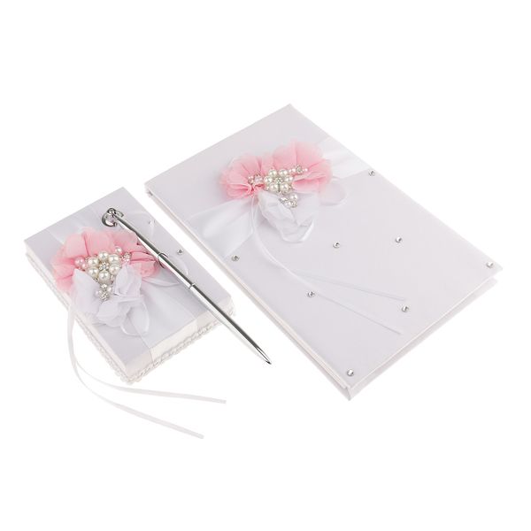 

crystal white satin flower wedding guest book & signing pen set wedding supplies