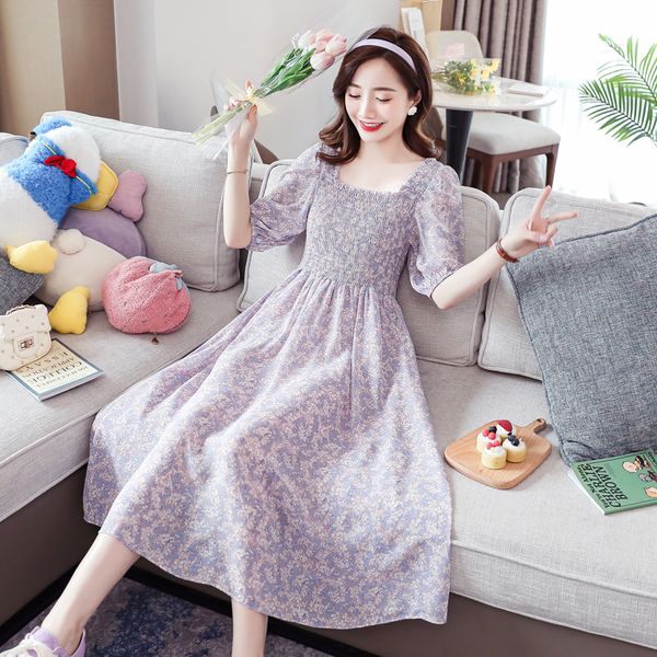 

summer high waist pregnant women party dress short lantern sleeve square collar fashion printing chiffon maternity empire dress, White