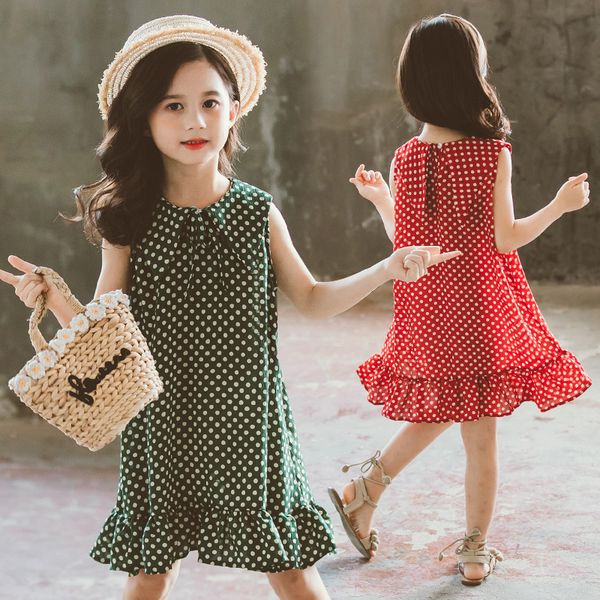 

girls dress 2020 summer teen girls polka dot sleeveless kids dresses baby chiffon beach dress children clothing 4-14 years, Red;yellow