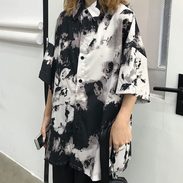 

new autumn floral print harujuku women shirts short sleeve loose stand collar single breasted shirt, White