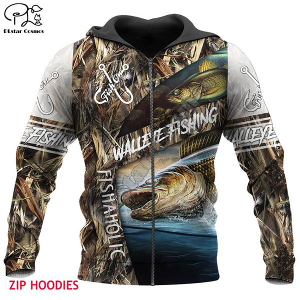 

walleye fishing 3d all over printed hoodies harajuku fashion casual hooded sweatshirt zip hoodies, Black