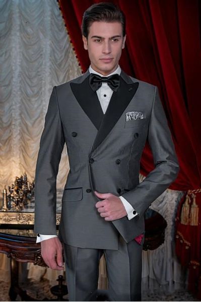 

handsome groomsmen double-breasted groom tuxedos mens wedding dress man jacket blazer prom dinner 2 piece suit(jacket+pants+tie) a241, Black;gray