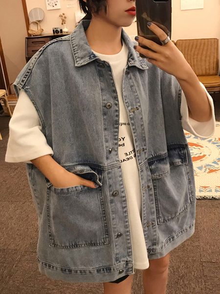 

women summer fashion brand korea style vintage solid color denim vest female ulzzang loose casual sleeveless coat jacket vest, Black;white