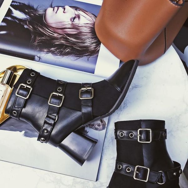 

zetmtc brand shoes women winter boots pu belt buckle youth pointed fashion boots riding leather women shoes pointed hoof heel, Black