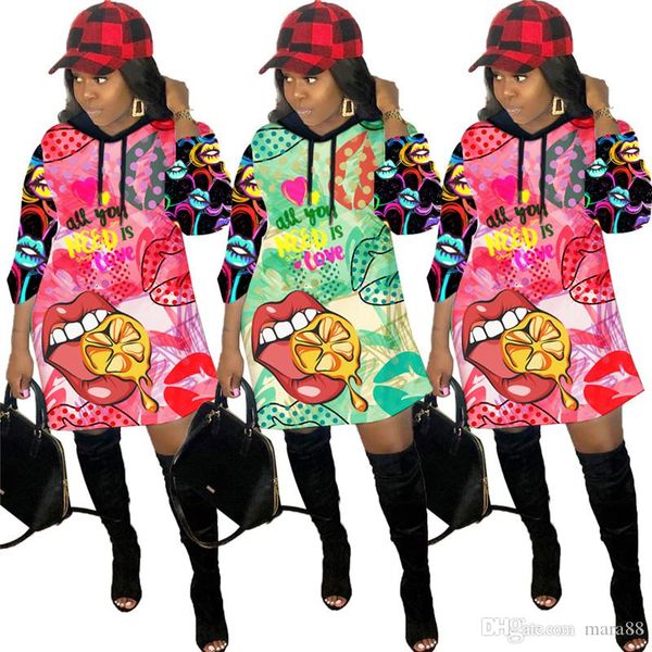 

женщины сексуальное капюшоном платья contast цвета мини-юбки моды случайные уличной губы печати длинный рукав потерять платье падения зимней, Black;gray