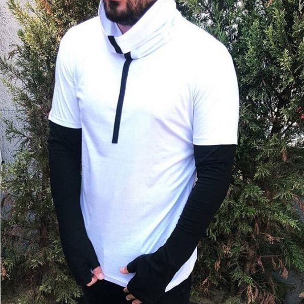 

2018 new style fashion plain men's long sleeve training casual patchwork turtleneck tee t-shirt top, White;black
