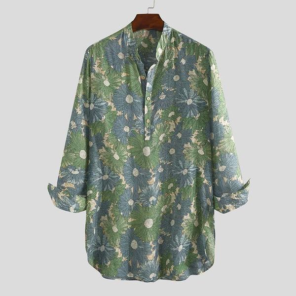 

men floral printed shirts vintage long sleeve v neck shirt loose breathable blouse man casual long style clothing plus size, White;black