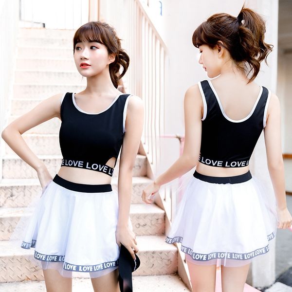 

female two-piece skirt split fairy fan student swimsuit slim conservative belly-covering ins swimsuit 029862, White;black