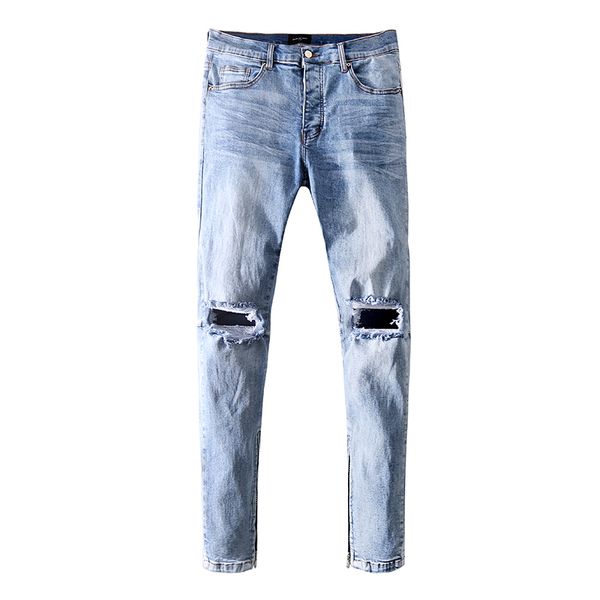 

new tide brand men's hip-hop knee hole jeans men's youth trend stitching trousers zipper slim trousers, Blue
