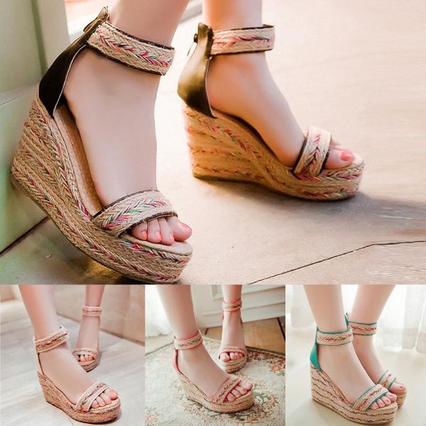 

womens wedges sandals open toe zipper thick bottom shoes woman comfortable roman bohemian plus size sandals sandalia feminina #j, Black