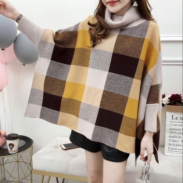 

new loose high collar plaid shawl sweater coat female bat sleeve sweater, Black