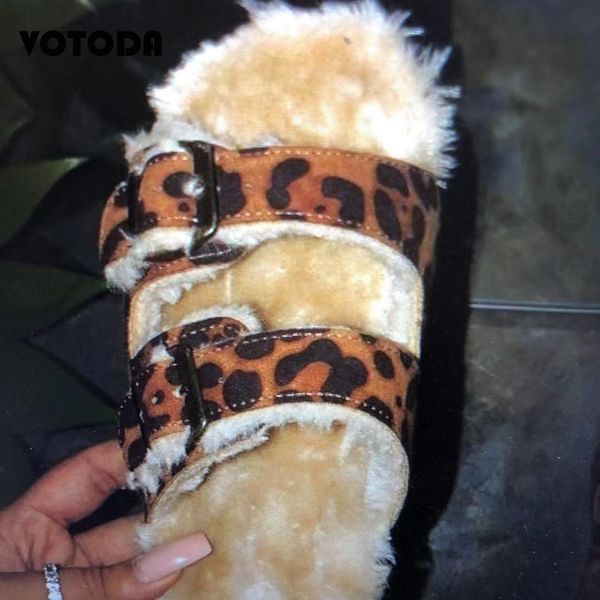 

new winter women furry leopard slippers casual double buckle slip on flats slides woman fashion plush snake sandals home shoes, Black