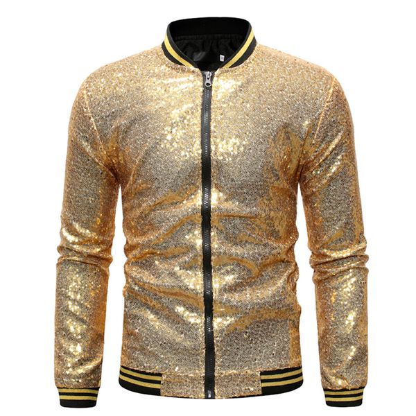 

men golden jacket sequin casual jacket coat slim fit nighclub suit performance shinning outwear male dance zipper jackets cloth, Black;brown