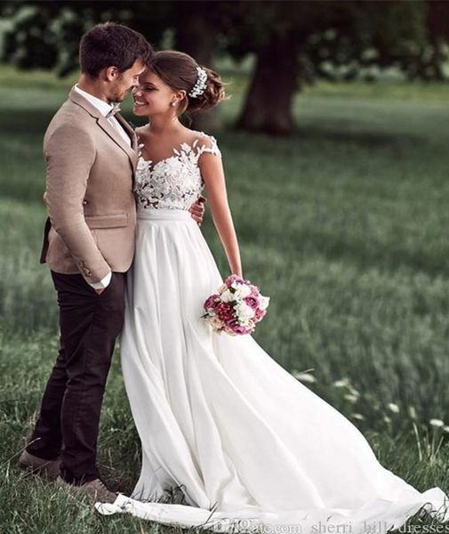 

gorgeous beach wedding dresses sheer neck cap sleeves appliques lace chiffon floor length backless wedding dresses white bridal dress