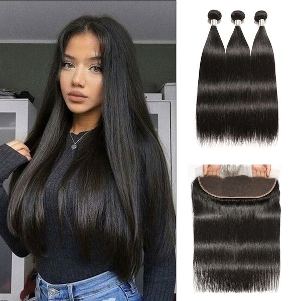 

гху малазийский прямые волосы 3 пачки с фронтальным 4x3 кружева фронтальная закрытие пачками прямые связки человеческих волос с фронтальным, Black;brown